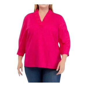Crown & Ivy Womens XL Hot Pink Textured Ruffle V-Neck 3/4 Sleeve Tunic Top